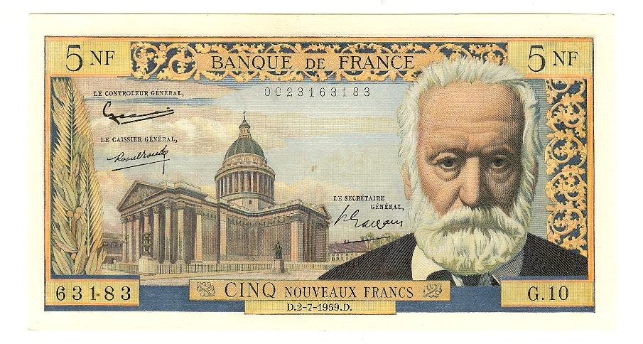 5 New Francs (Victor Hugo) 1959 virt. Unc